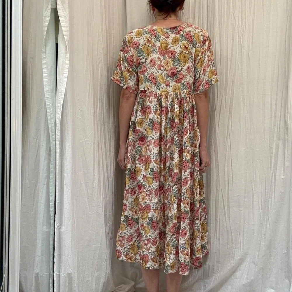 Pink, Green, Cream Rayon Floral Button Down Pleated Dress Revue Small VTG 90s - Picture 4 of 8